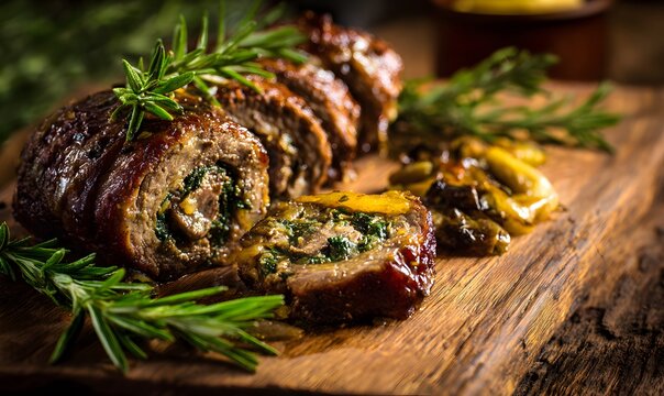 Precisely Sliced Meat Roll with Herb Filling and Rosemary Garnish on Rustic Wooden Board.