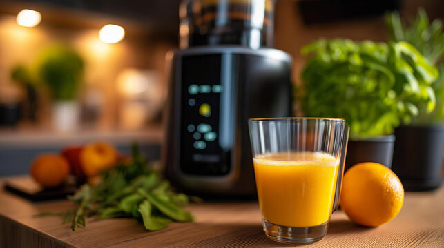 Smart juice extractor beside a fresh orange with a digital interface showing juice nutrition data, defocused background, smart kitchen concept, with copy space