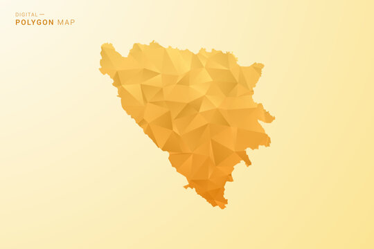 Bosnia and Herzegovina Map - Polygon style vector illustration in yellow and orange low poly geometric design, modern minimal silhouette, isolated for infographic.