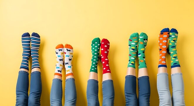 Colorful Socks on Legs Against Yellow Background.
