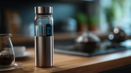 Fototapeta premium Smart water bottle with a digital hydration tracking display showing daily water intake data, defocused background, smart health accessory concept, with copy space