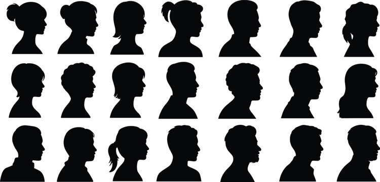 Human head profile silhouette set, men and women side view avatars collection, diverse people faces vector illustration pack