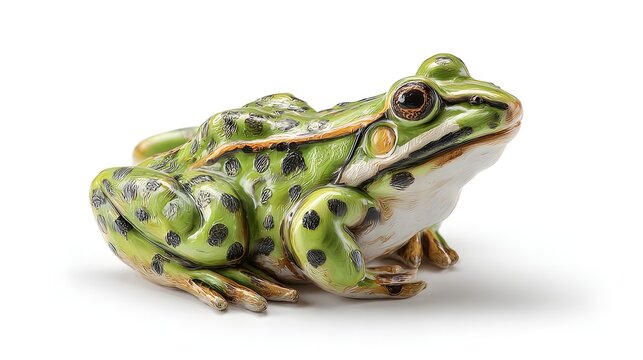 A detailed studio shot of a vibrant green frog with dark spots.