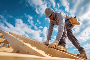 Roofer Installing Shingles on Roof Top.