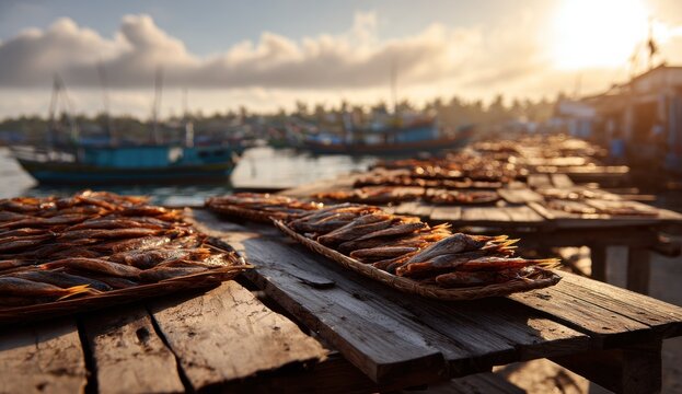 Seafood Display on Dock at Sunset.