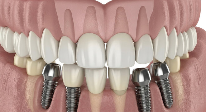 Dental implants in human mouth with white and yellow teeth in realistic style with bright lighting for medical and dentistry use