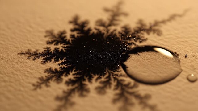 An intricate black dendritic pattern resembling a snowflake or fern against a warm, light background.