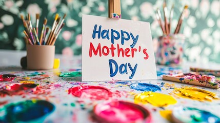 Bright workspace with children's paint celebrating mother's day, creative art scene with colorful paints, canvas, brushes, concept of festive celebration, artistic expression