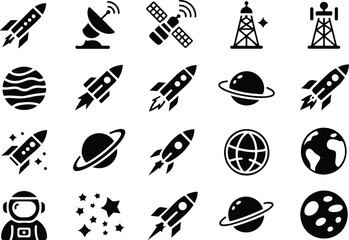 Space exploration silhouette icons featuring rockets planets astronauts satellites and cosmic astronomical symbols © Md