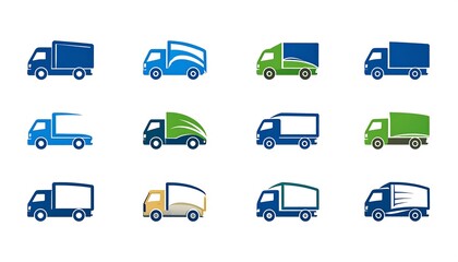 Naklejka premium Collection of various delivery truck illustrations for logistics and transport.