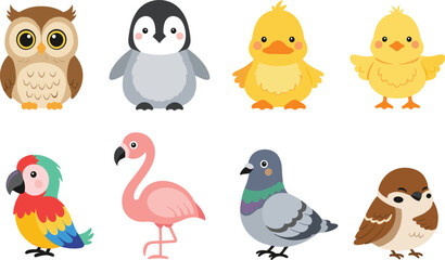 Obraz premium Cute Birds Cartoon Vector Set Featuring Owl, Penguin, Chick, Parrot, Flamingo, Pigeon and Sparrow Animal Characters for Kids Illustration.