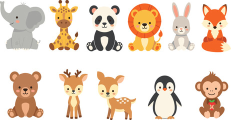 Cute Cartoon Animals Vector Set Featuring Elephant, Giraffe, Panda, Lion, Rabbit, Fox, Bear, Deer, Penguin and Monkey Characters.