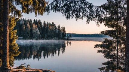 Tranquil Morning Lake Scene Surrounded by Tall Trees and Mist with Serene Reflections on Calm Water Surface