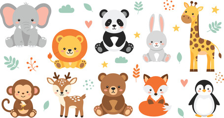 Cute Cartoon Wild Animals Vector Set Featuring Elephant, Lion, Panda, Giraffe, Rabbit, Fox, Bear, Deer, Monkey and Penguin Characters.