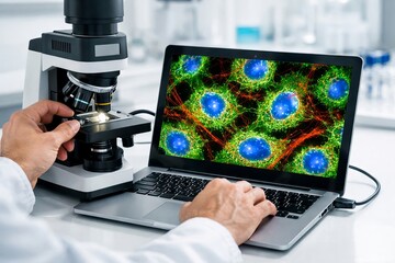 Smart agriculture technology with cellular microscopy on laptop screen. concept of modern farming, biotechnology, scientific research, enhanced imaging, agricultural innovation