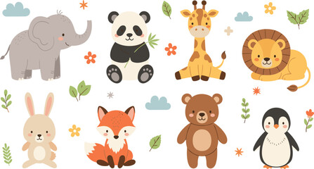 Fototapeta premium Cute Cartoon Wild Animals Vector Set Featuring Elephant, Panda, Giraffe, Lion, Rabbit, Fox, Bear and Penguin Characters with Nature Elements.