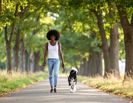 Happy woman walking her dog on a tree-lined path.