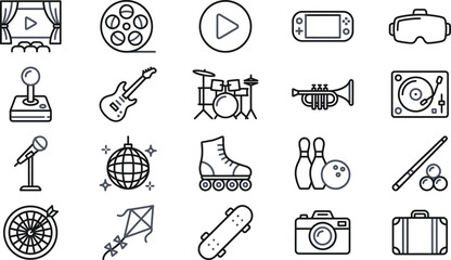 Black and blue line icons showcasing entertainment, music, sports, gaming, and travel themes. © Septarim