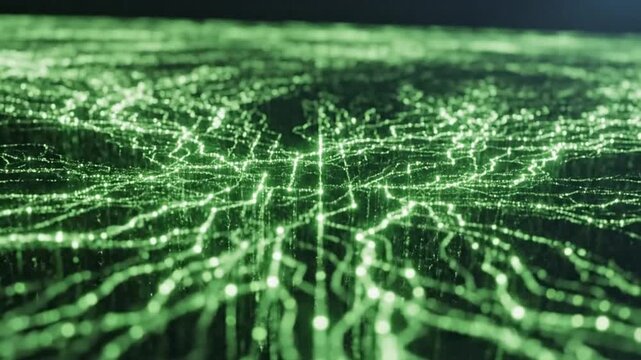 A mesmerizing video visualization of digital green data points and lines flowing across a dark background in a futuristic cyber environment.