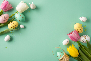 Fototapeta premium Bright pastel eggs decorated with patterns sit among pink and yellow tulips on a mint background, creating a festive Happy Easter composition ideal for seasonal cards and spring promotions