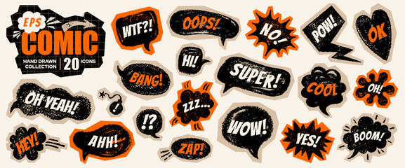 Comic boom cartoon set. Wow bomb pow bang text with pop effect. Y2k icon with text vector. Speech comic collage. Cartoon boom doodle element. Bubble cloud art. Burst onomatopoeia bg. Wow sticker sign © Olga Che