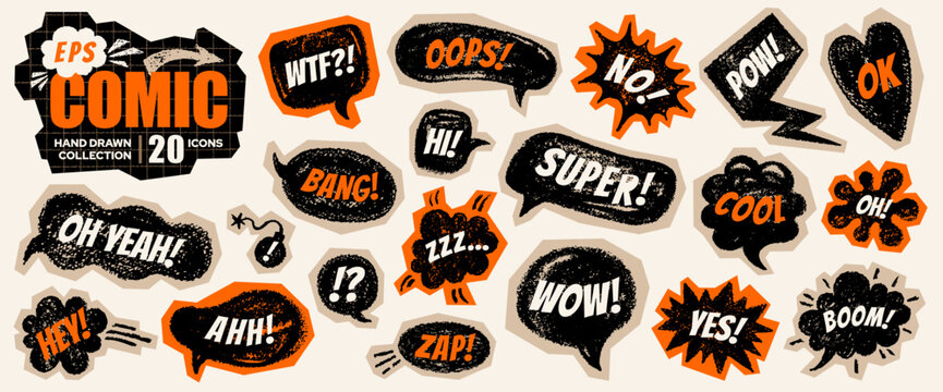 Comic boom cartoon set. Wow bomb pow bang text with pop effect. Y2k icon with text vector. Speech comic collage. Cartoon boom doodle element. Bubble cloud art. Burst onomatopoeia bg. Wow sticker sign