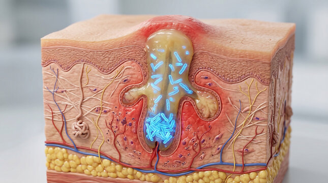 Acne formation concept, showing skin cross-section with inflamed, clogged pore, sebum, and glowing bacteria, representing pimple development and skin health.