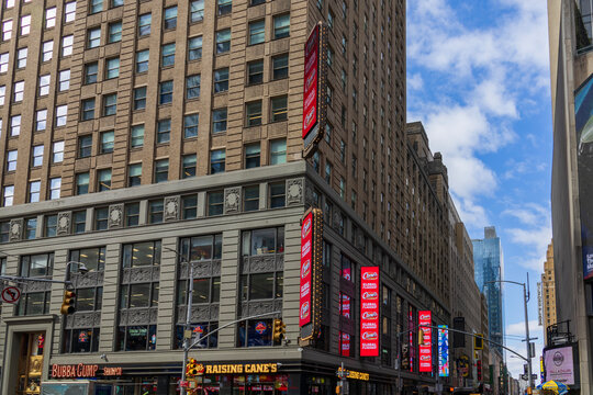 Restaurants, office buildings and skyscrapers in Time Square midtown Manhattan New York City New York USA