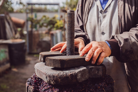 Senior winemaker installing the top of the wooden press on the wine press.