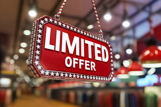Red promotional sign limited offer. Retail sale announcement, shop advertising, marketing banner, discount season. Modern shopping environment. Black Friday, Cyber Monday, Christmas, New Year sales.