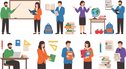 Teachers and Students Education Illustration Set Featuring Classroom Teaching, Study Books, School Supplies, Blackboard Lessons and Academic Learning Activities.