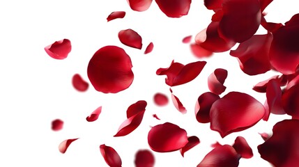 Fototapeta premium Red Rose Petals Falling Gracefully Against a White Background.