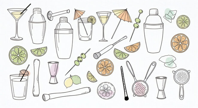 Set of hand drawn cocktail bar illustrations. Doodle drawings of martini glasses, shakers, citrus slices, umbrellas, olives, and mixology tools.