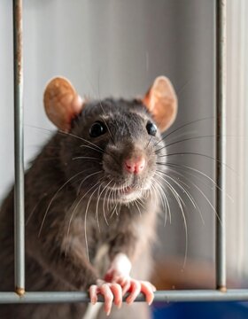 Curious Rat Peeking Through Cage Bars with Focused Expression.