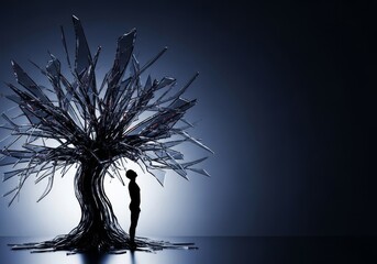 Abstract dark silhouette beneath a menacing shattered glass tree, symbolizing inner turmoil, stress, and profound emotional struggle with reflective surfaces, struggle, suffering, pressure
