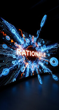Rationale in Digital Abstraction: A captivating digital composition showcasing the word RATIONALE at the core of a dynamic network, symbolizing the essence of logic and reason within the digital age.