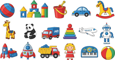 Kids toys icon set, colorful children play objects collection including ball car robot blocks doll vector illustrationKids toys icon set, colorful ch