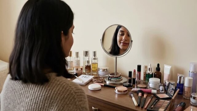 Woman looking in mirror at vanity table filled with makeup and beauty products. Daily self-care and beauty routine.
