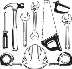 A set of tools for handyman including a hammer screwdriver wrench safety helmet tape measure adjustable wrench Stone masonry saw and spirit level