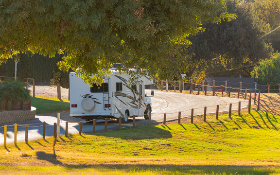 A white motorhome drives along a sunlit, winding road surrounded by lush greenery. Shadows from large trees create a serene and inviting atmosphere.