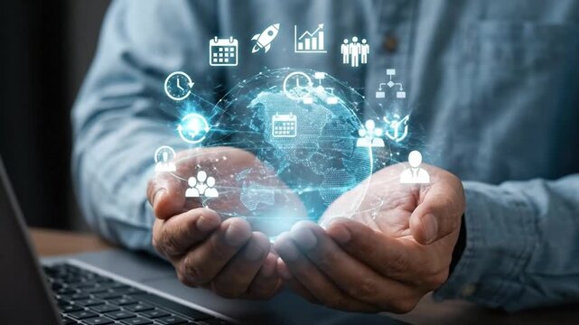 Global Business Technology: Hands holding a digital globe with interconnected data icons. Digital transformation & worldwide network concept.