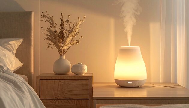 Glowing aroma diffuser humidifier on bedside table in warm cozy bedroom