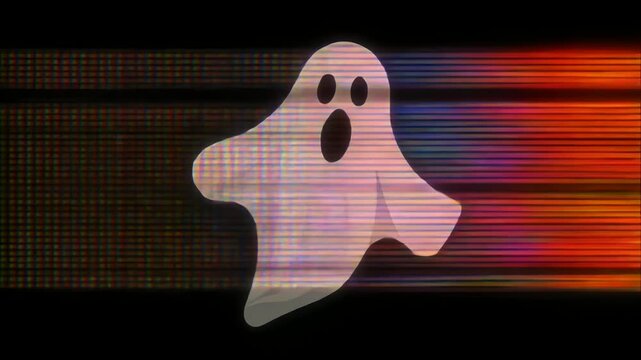 暗闇に浮かぶ幽霊の影が電子ノイズと色分離で揺らぐ不気味なハロウィン背景