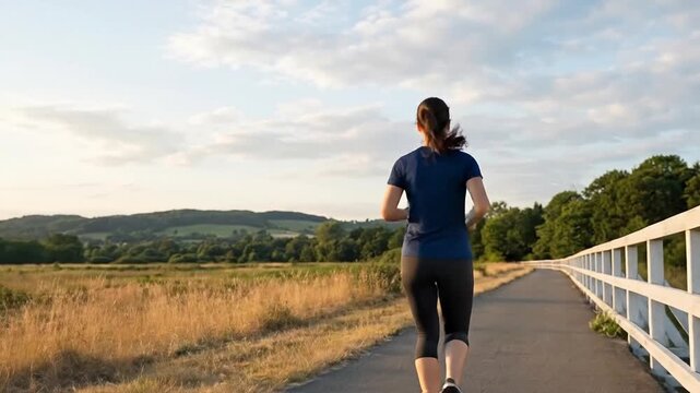 Female runner on a scenic rural path during golden hour, enjoying outdoor fitness and active lifestyle
