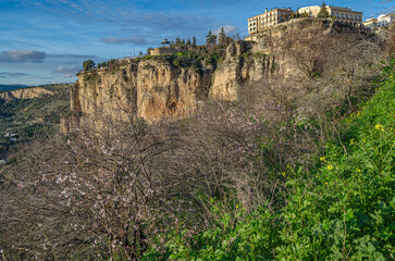 Fototapeta premium Cliffside buildings seen from the valley in Ronda, Spain