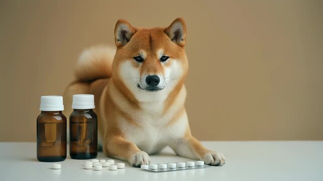 柴犬と薬瓶が並ぶ静かなスタジオ構図のペット医療イメージ