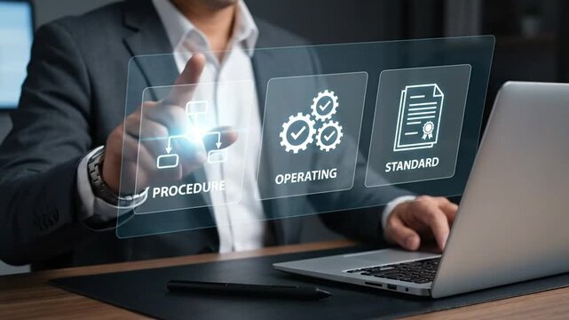 Digital Business Process Management. Man selecting 'Procedure' on virtual interface for operational standards.