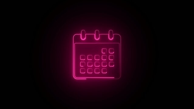 Pink neon glowing calendar with spiral binding and grid layout on dark Generate title without using the word "Title:" before it. background