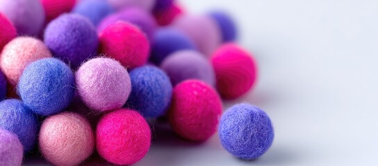 A colorful pile of fluffy felt balls in shades of pink, purple, and blue on white
