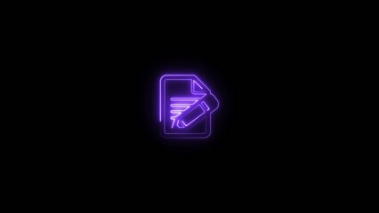 Fototapeta premium Purple neon glowing document with pencil on a dark Generate title without using the word 